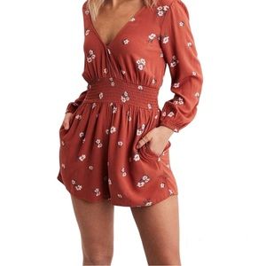 American Eagle Long Sleeve Floral & Terracotta Orange Romper w/ Pockets Small